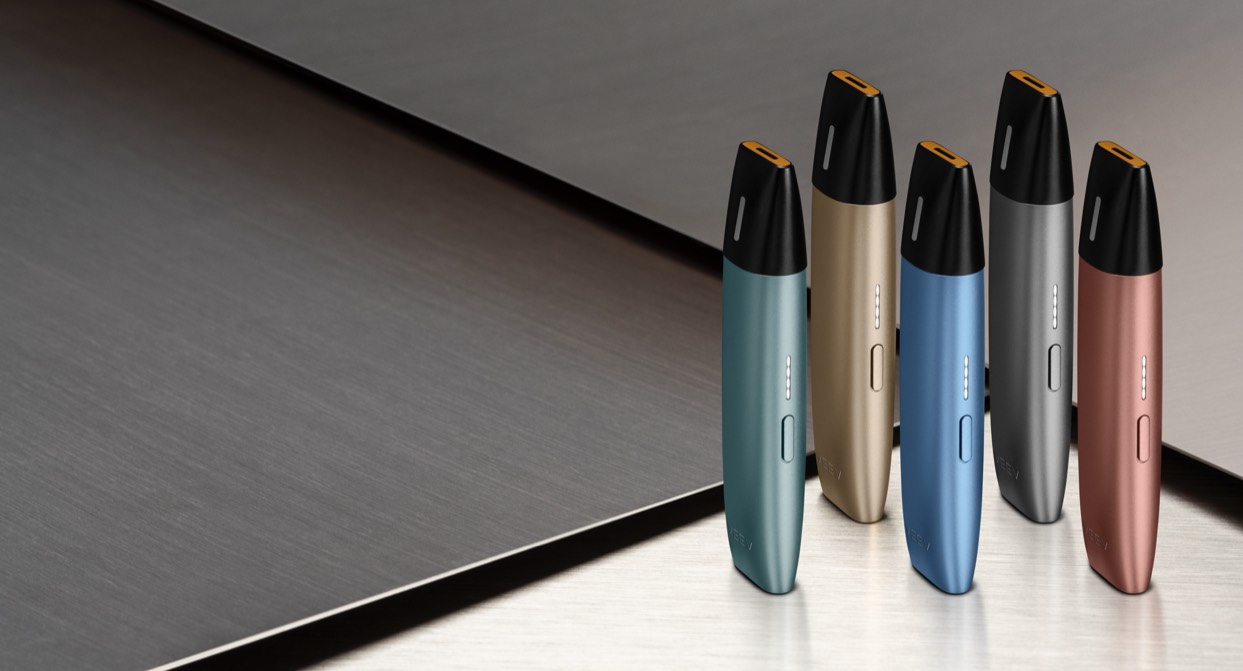 VEEV vaping device presented in 5 colours on grey background