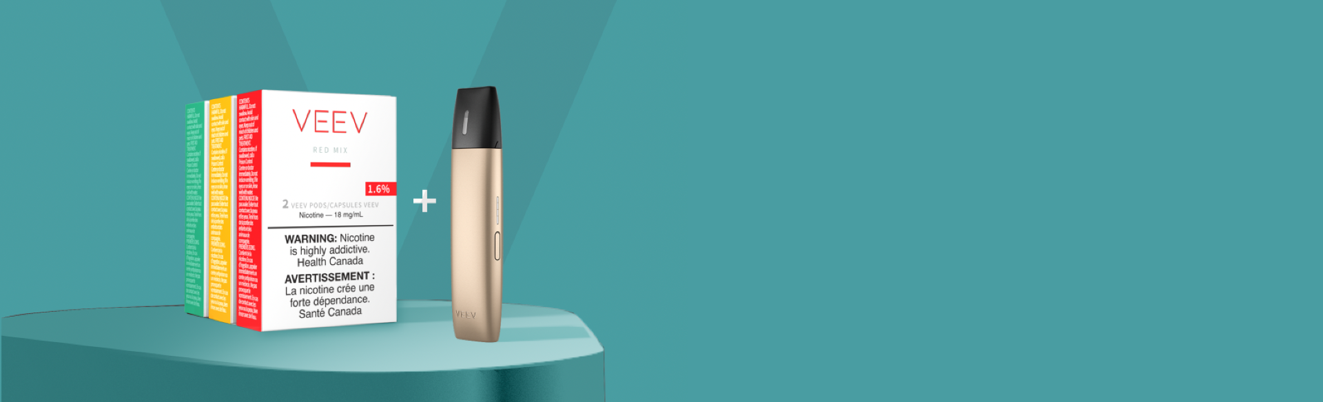 A gold VEEV vape device with 3 packs of VEEV pods on a turquoise platform.