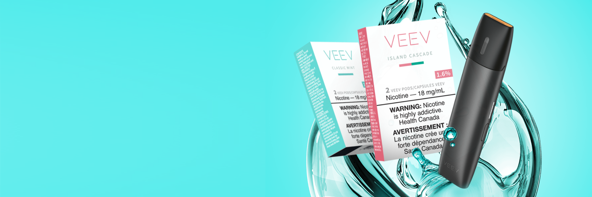 A gold VEEV vape device with 3 packs of VEEV pods on a turquoise platform.