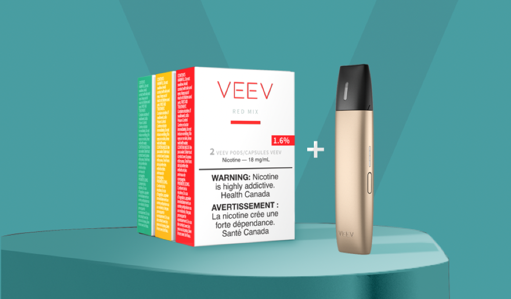 A gold VEEV vape device with 3 packs of VEEV pods on a turquoise platform.