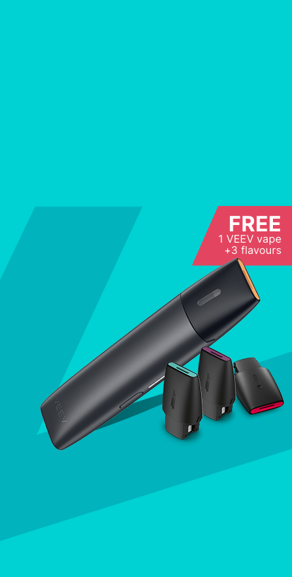 A gold VEEV vape device with 3 packs of VEEV pods on a turquoise platform.