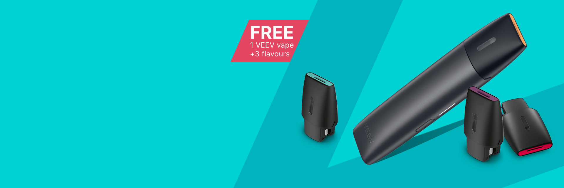 A gold VEEV vape device with 3 packs of VEEV pods on a turquoise platform.