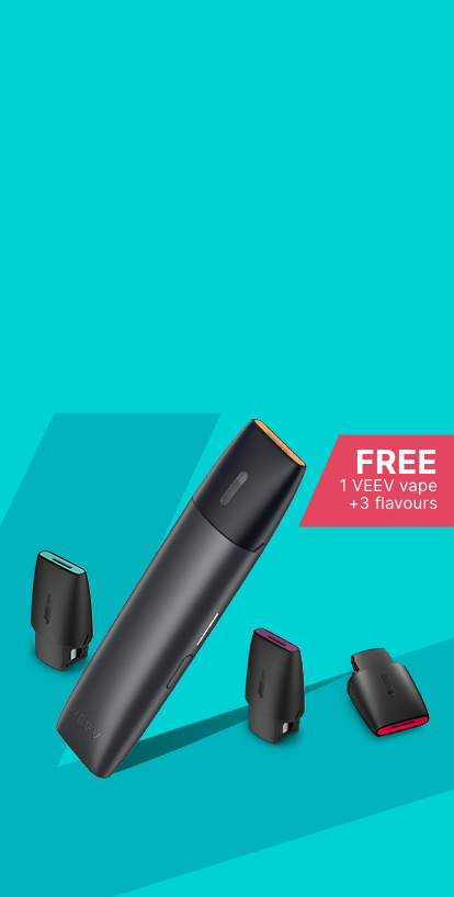 A gold VEEV vape device with 3 packs of VEEV pods on a turquoise platform.