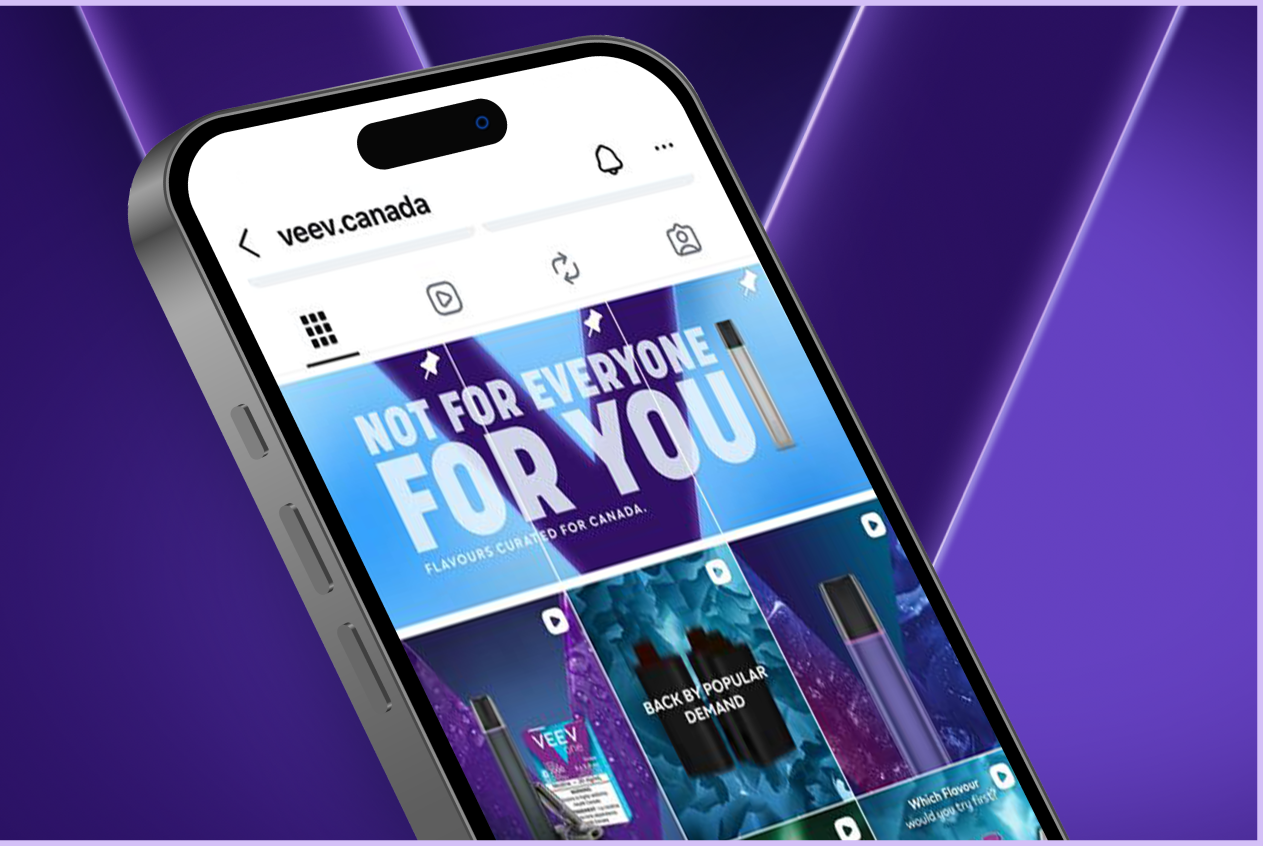 The VEEV Canada Instagram account displayed on a phone inside a purple V background