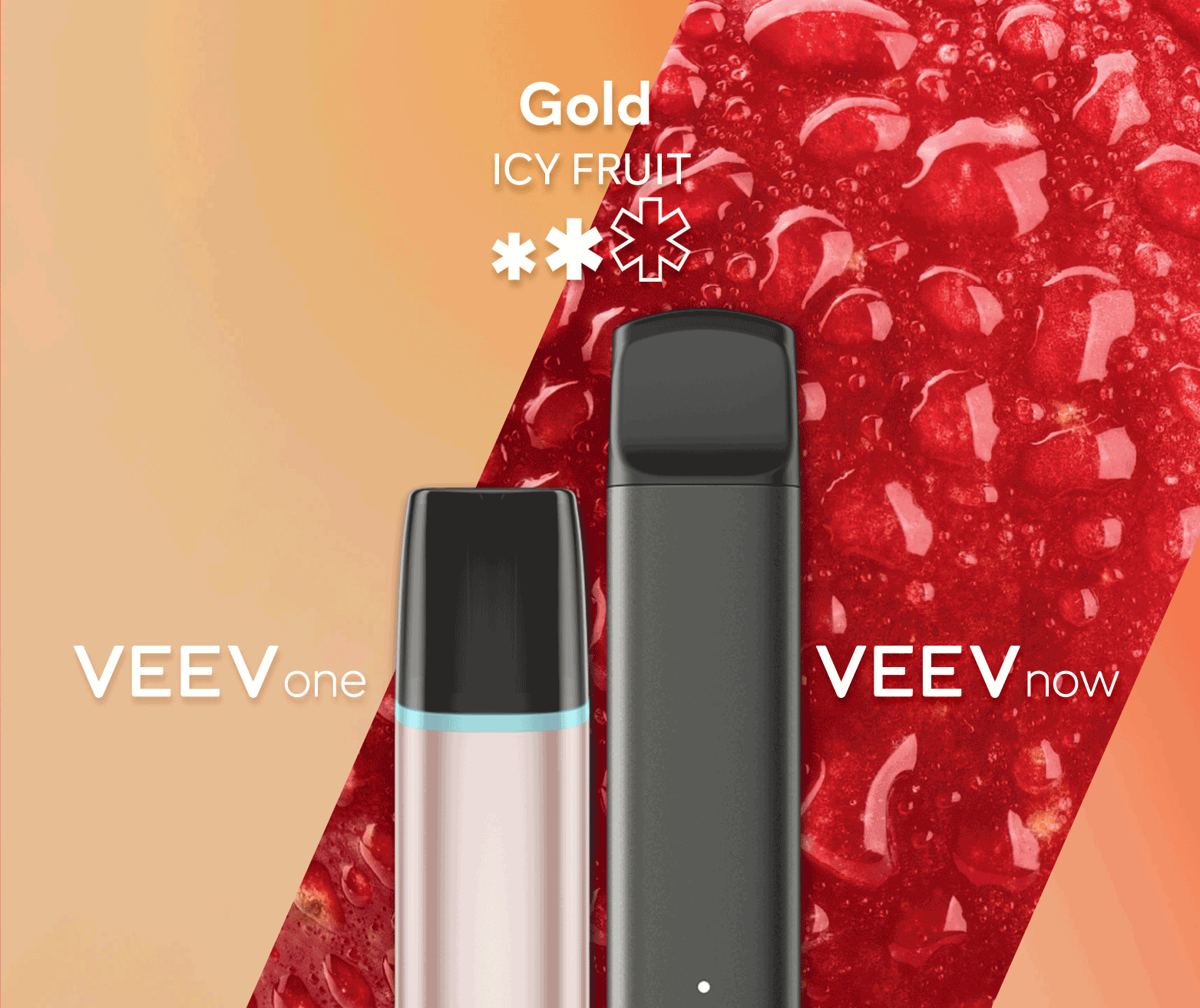 A VEEV ONE pod device and VEEV NOW disposable, both in Gold flavour.