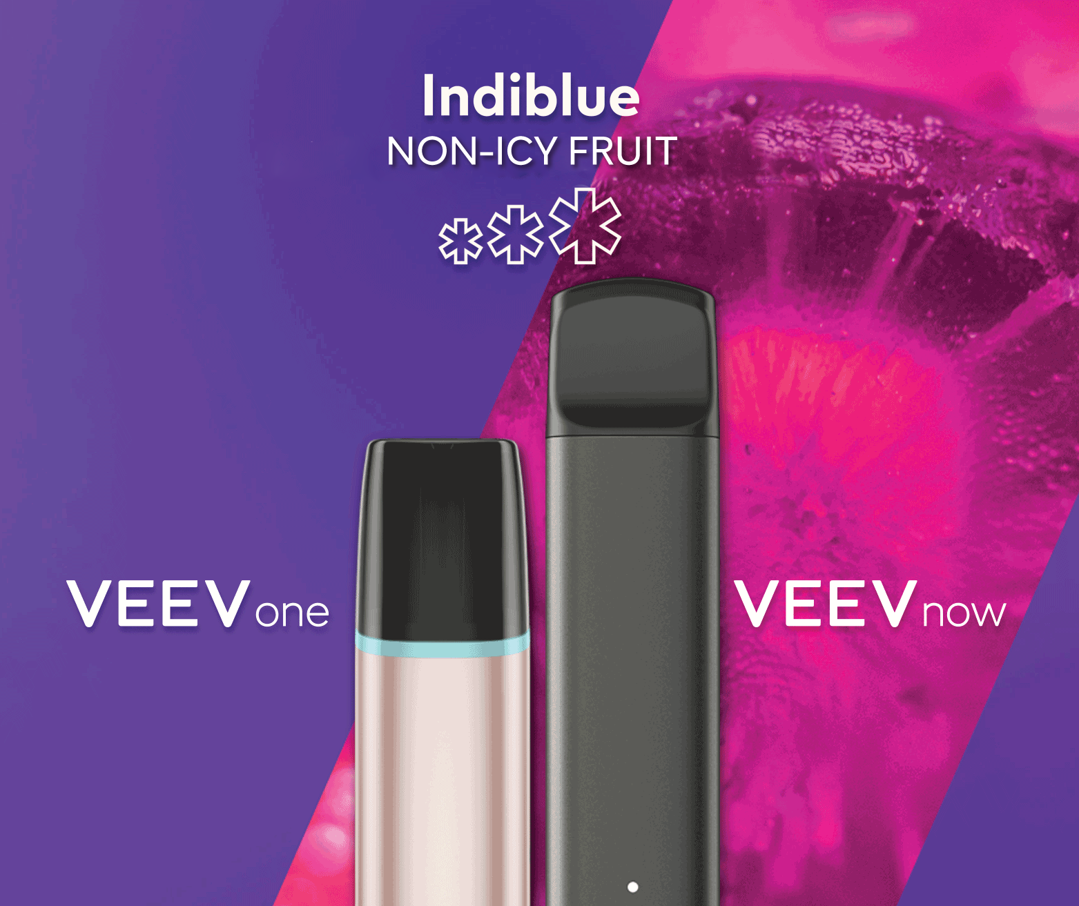 A VEEV ONE pod device and VEEV NOW disposable, both in Indiblue flavour.