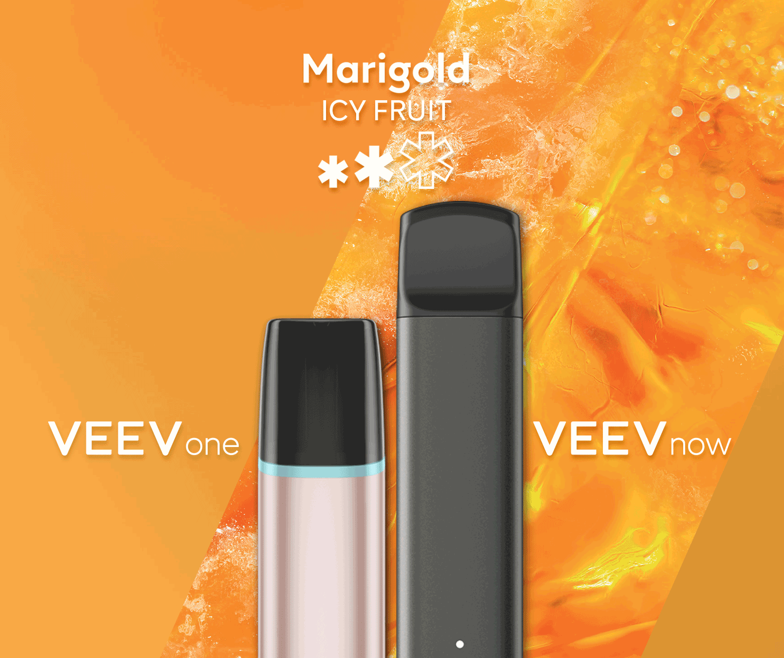 A VEEV ONE pod device and VEEV NOW disposable, both in Marigold flavour.