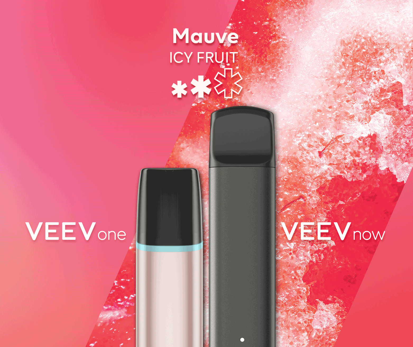 A VEEV ONE pod device and VEEV NOW disposable, both in Mauve flavour.