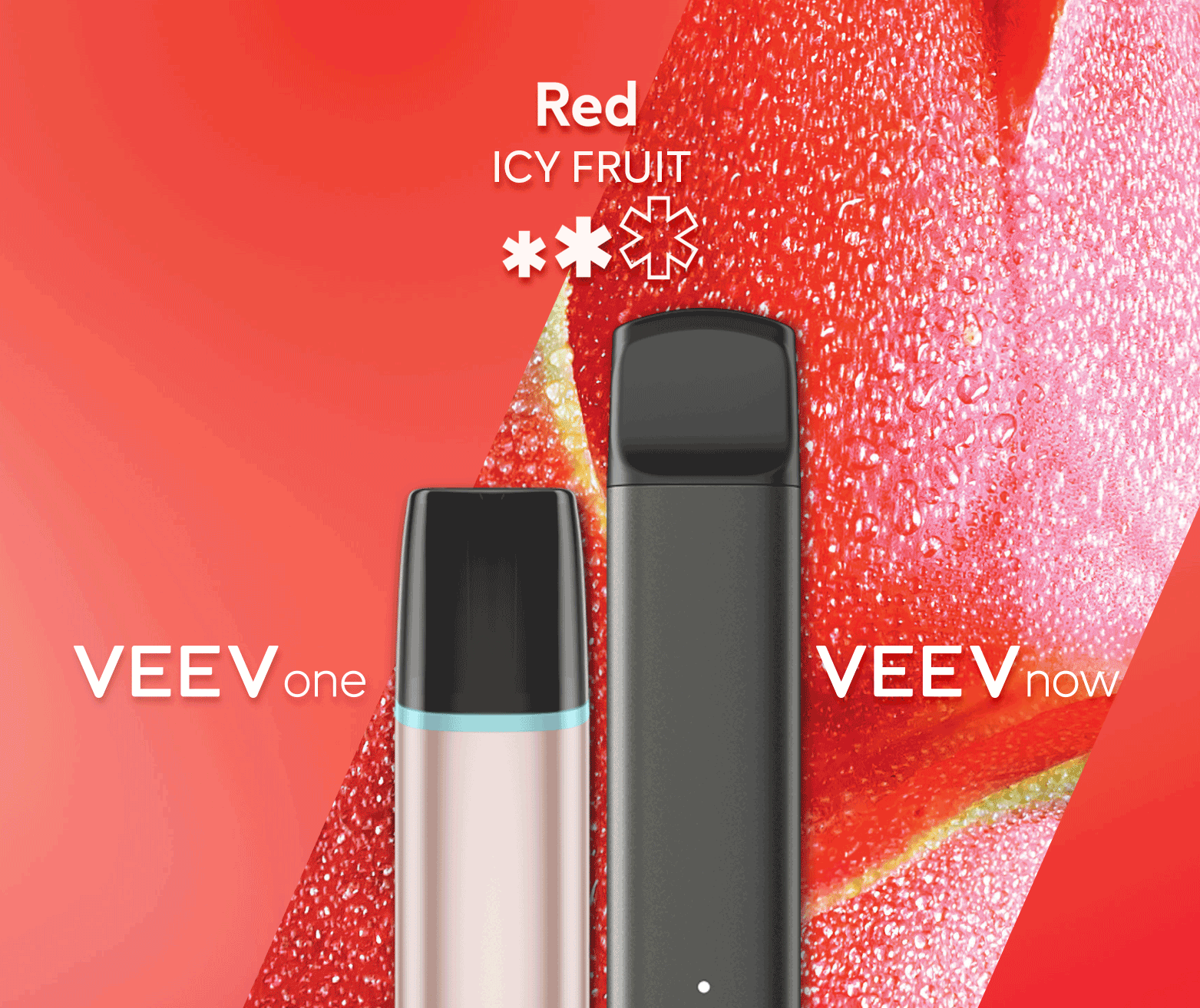 A VEEV ONE pod device and VEEV NOW disposable, both in Red flavour.