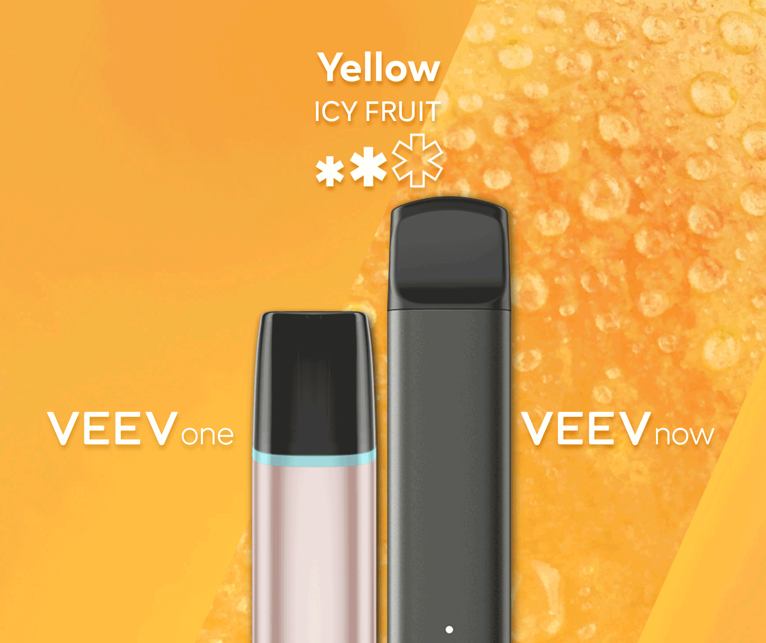 A VEEV ONE pod device and VEEV NOW disposable, both in Yellow flavour.