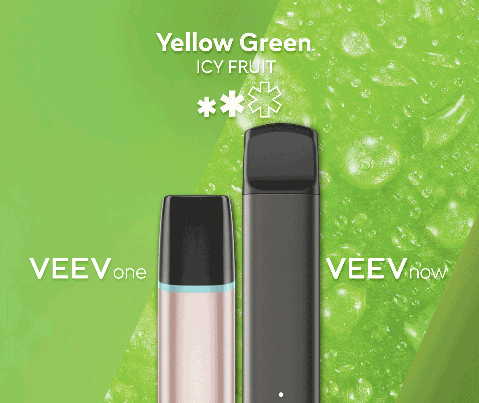 A VEEV ONE pod device and VEEV NOW disposable, both in Yellow Green flavour.