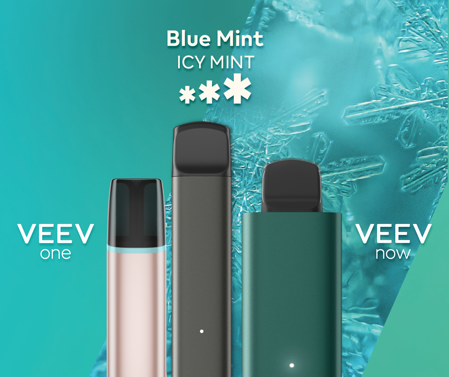 A VEEV ONE pod device and VEEV NOW disposable, both in Blue Mint flavour.
