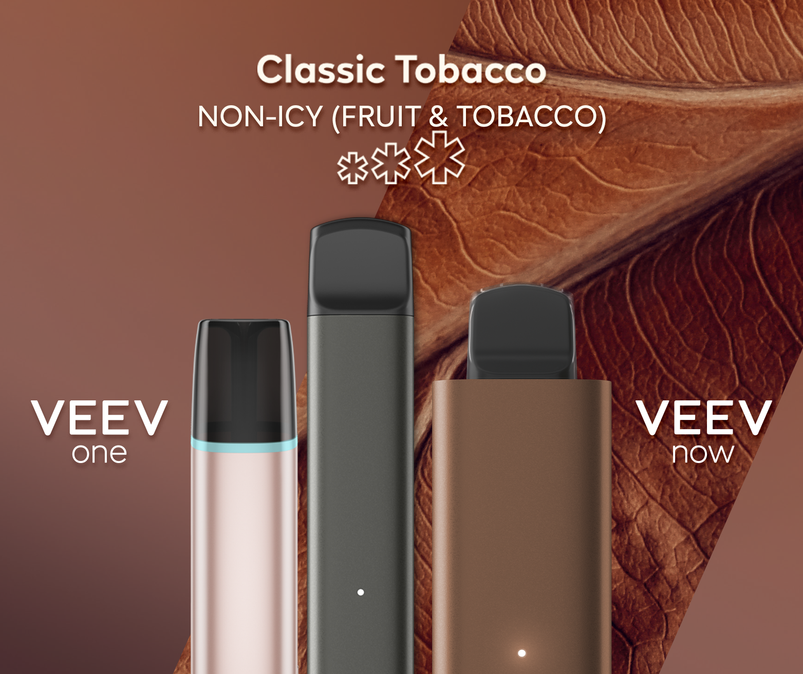 A VEEV ONE pod device and VEEV NOW disposable, both in Classic Tobacco flavour.