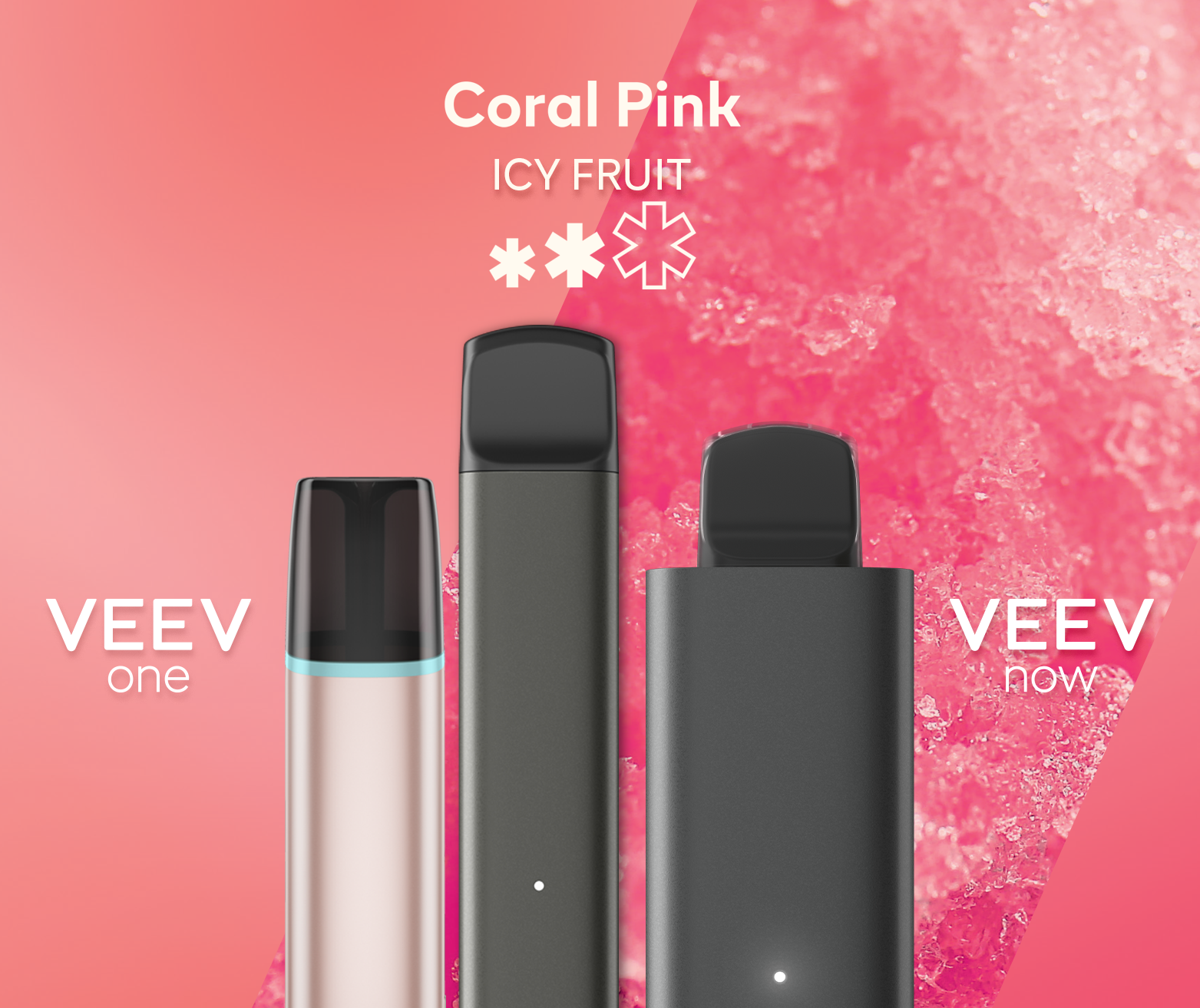 A VEEV ONE pod device and VEEV NOW disposable, both in Coral Pink flavour.