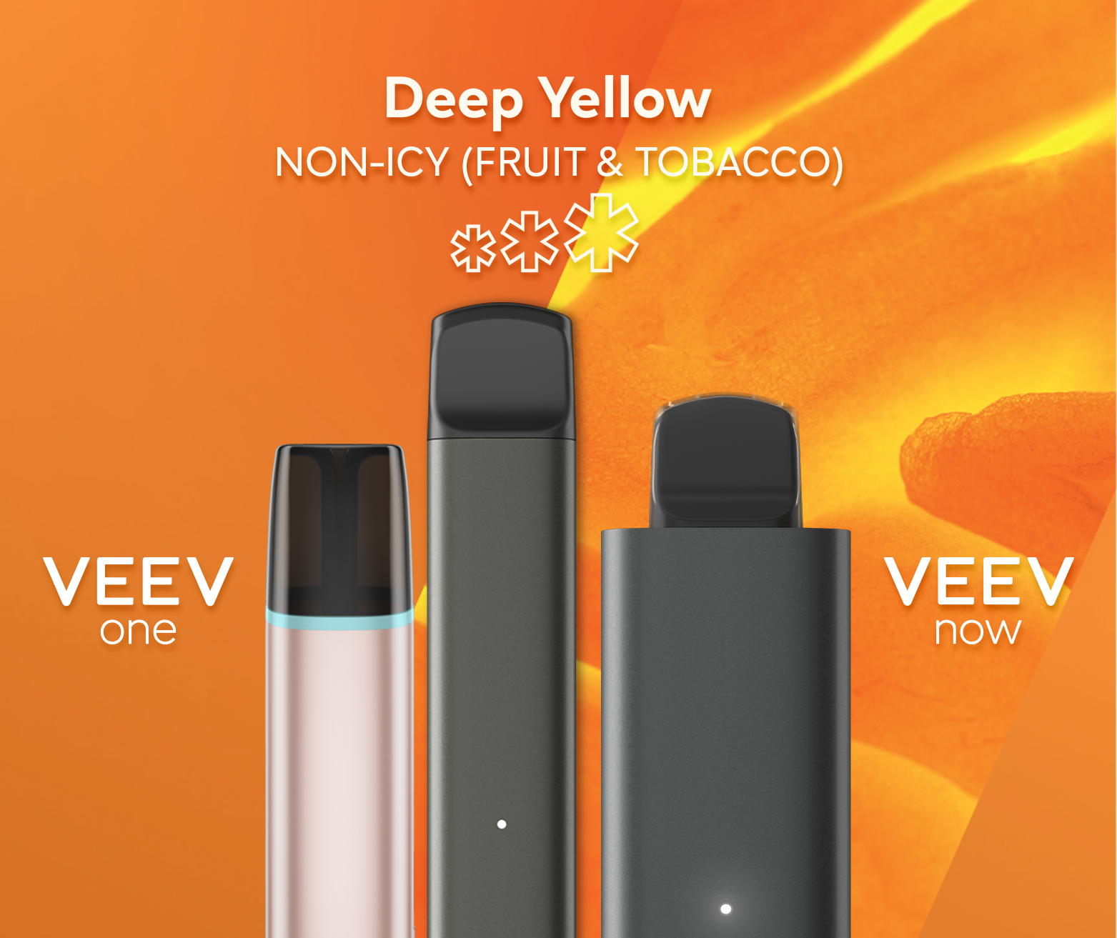 A VEEV ONE pod device and VEEV NOW disposable, both in  Deep Yellow flavour.
