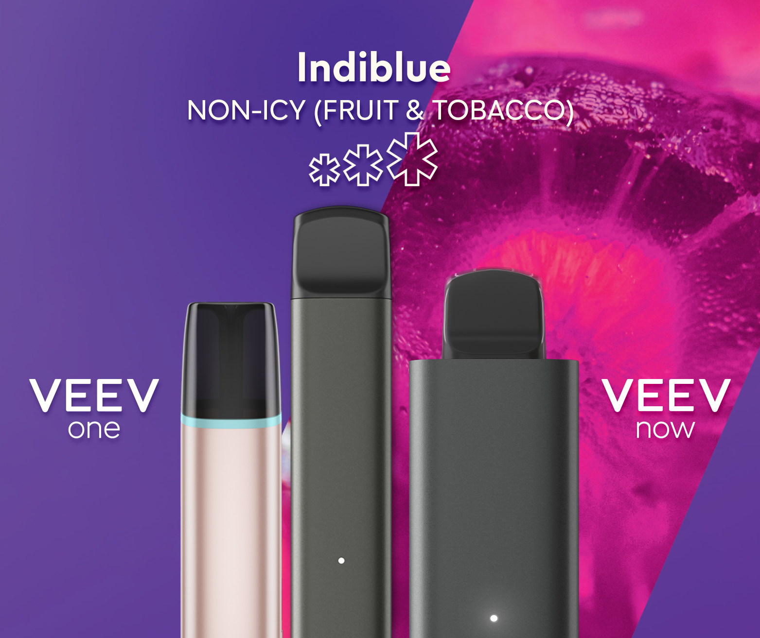 A VEEV ONE pod device and VEEV NOW disposable, both in Indiblue flavour.