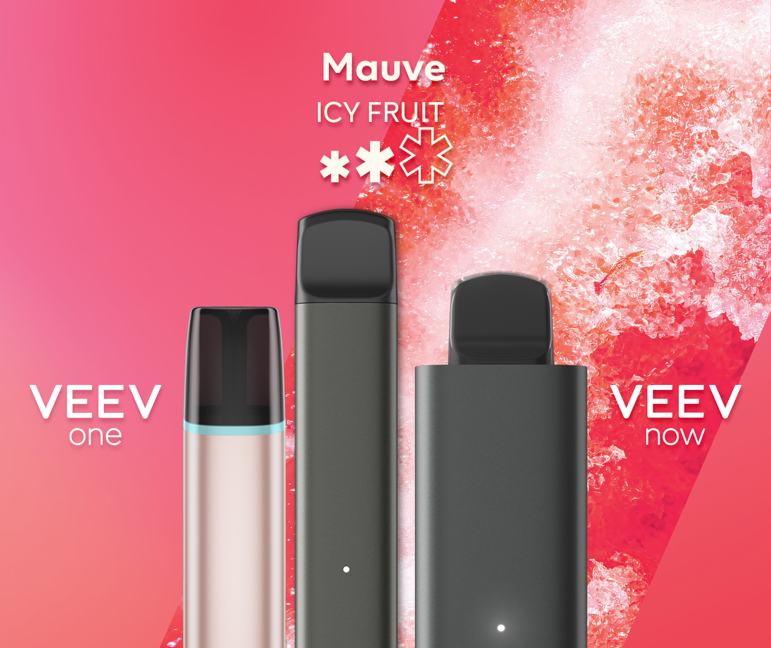 A VEEV ONE pod device and VEEV NOW disposable, both in Mauve flavour.