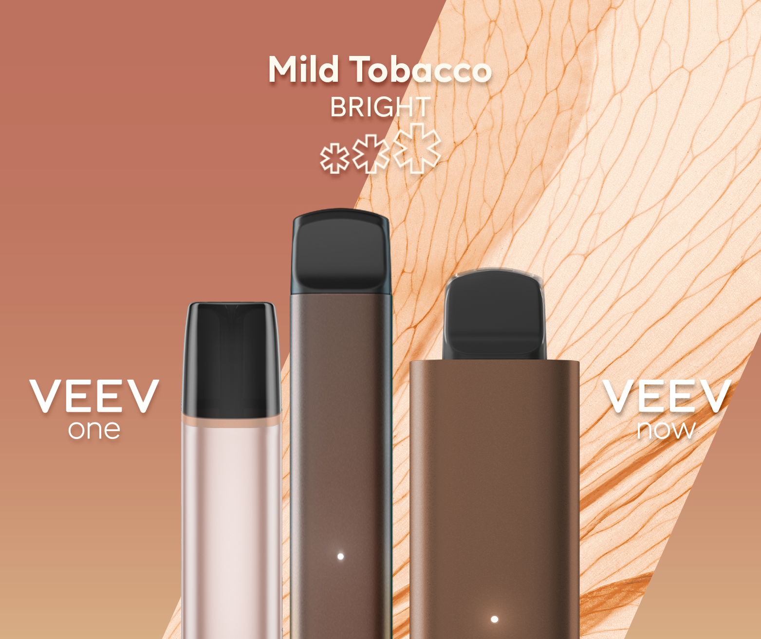 A VEEV ONE pod device and VEEV NOW disposable, both in Mild Tobacco flavour.