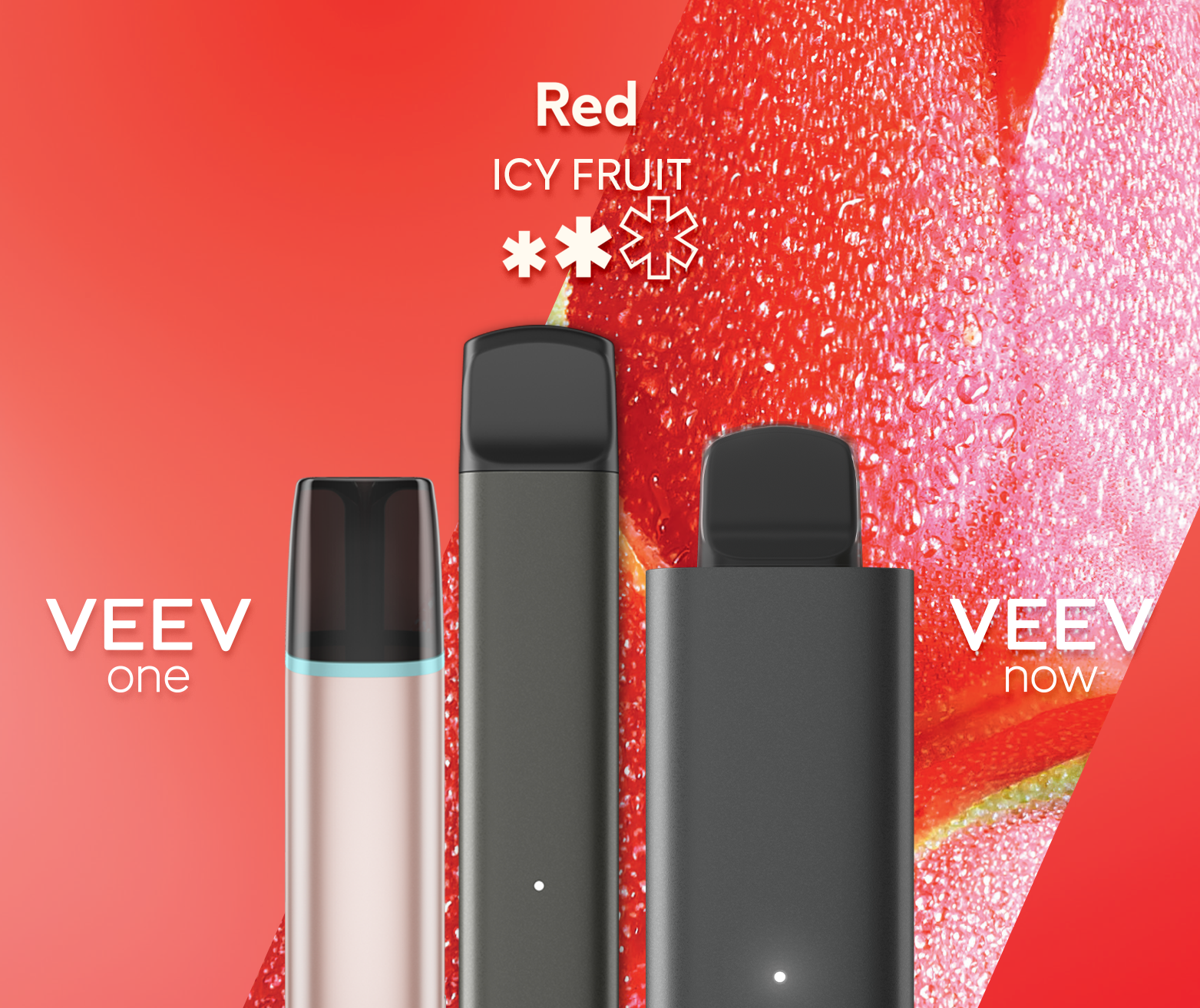 A VEEV ONE pod device and VEEV NOW disposable, both in Red flavour.