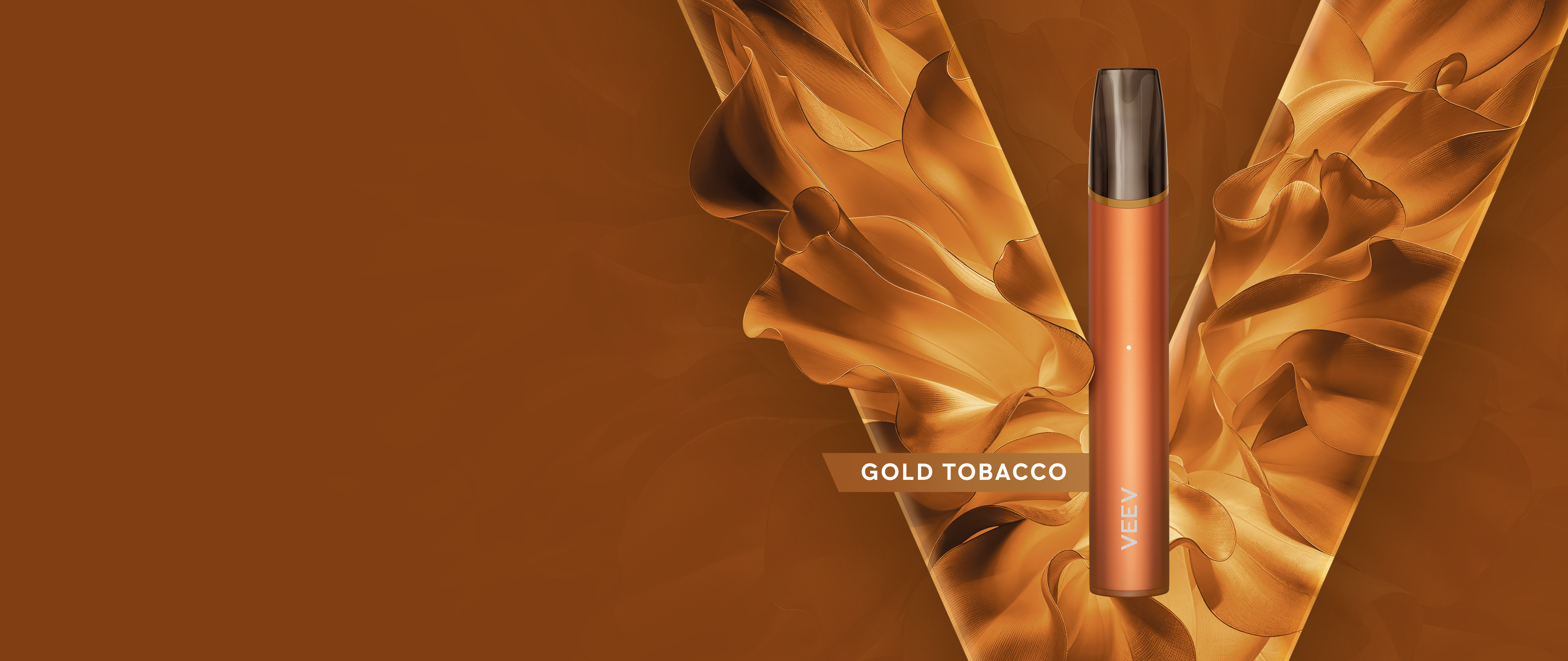 A VEEV NOW 2 mL ULTRA GOLD TOBACCO on an orange background.