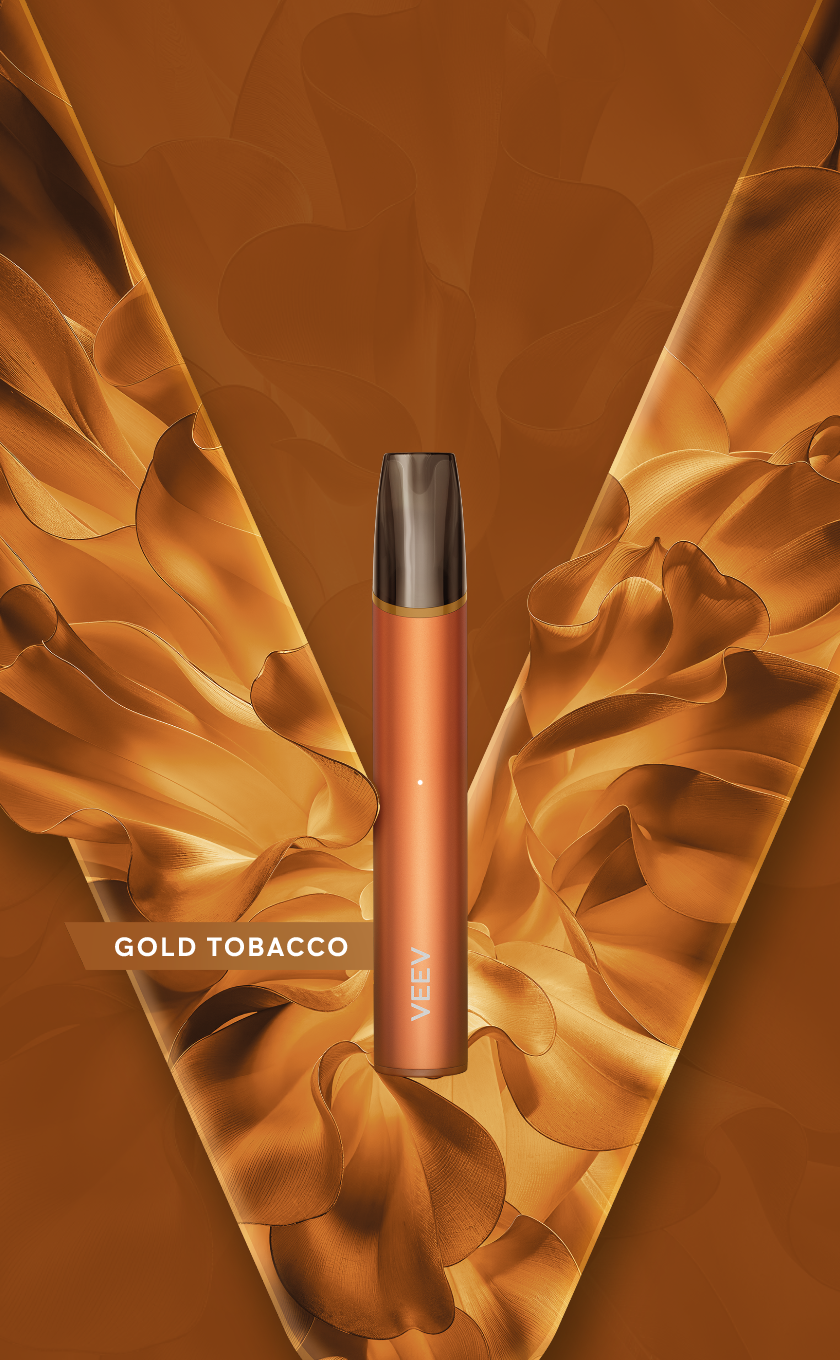 A VEEV NOW 2 mL ULTRA GOLD TOBACCO on an orange background.