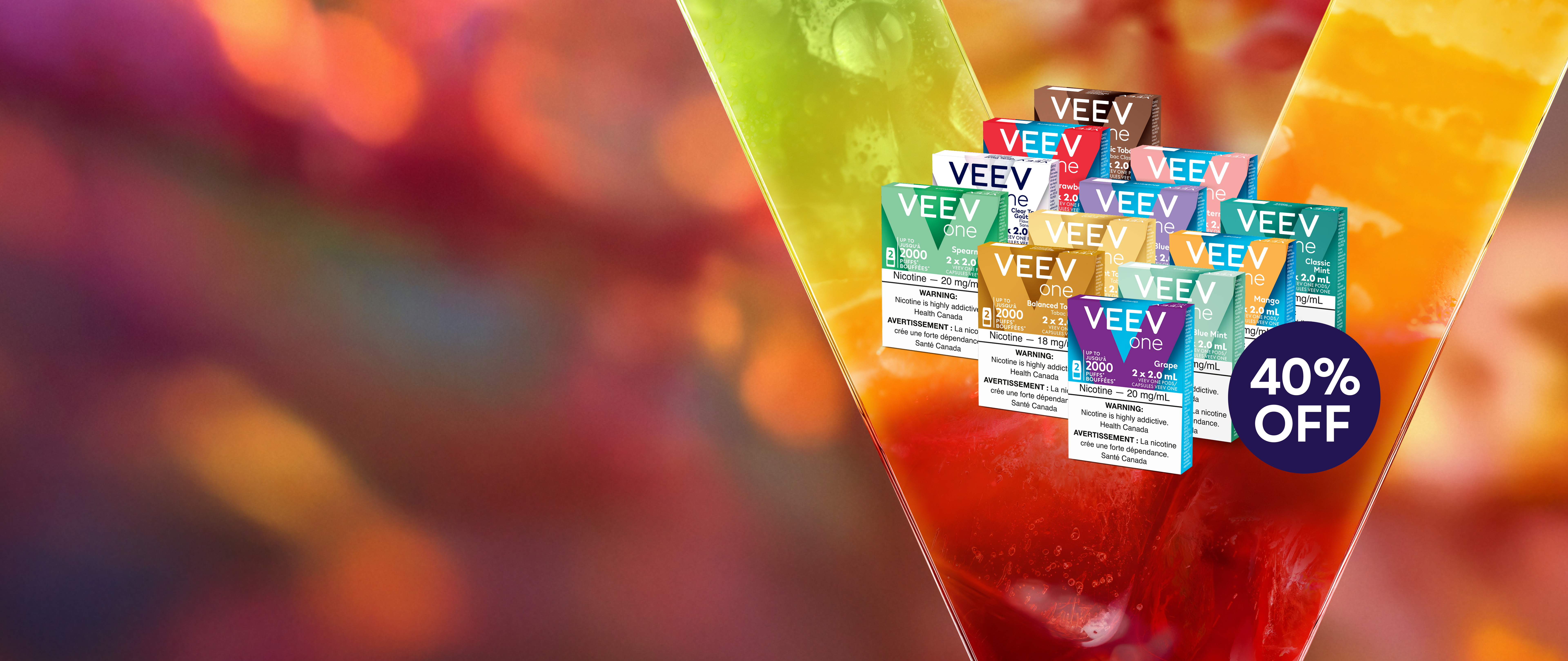 
12 packs of VEEV ONE pods with a 40% off roundel on a bright coloured v background.