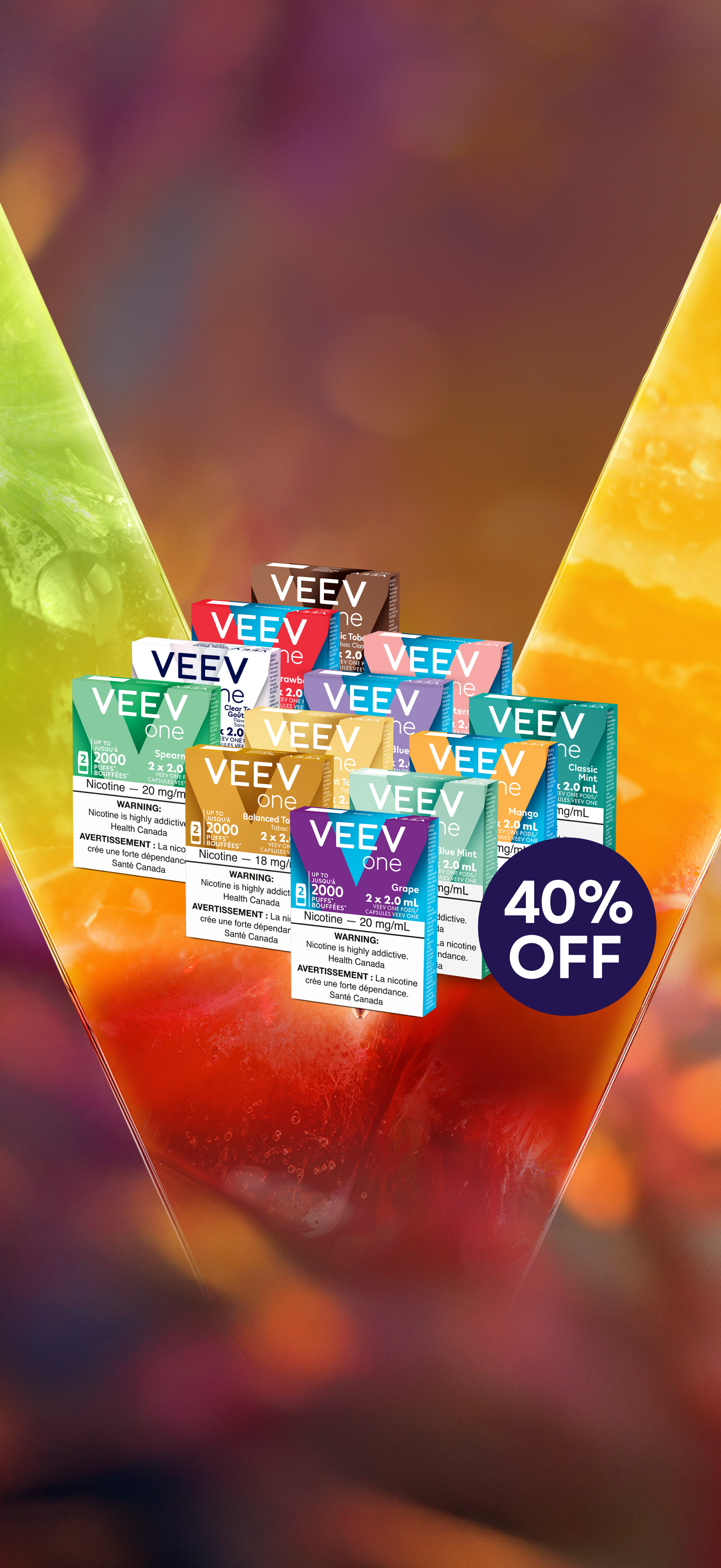 
12 packs of VEEV ONE pods with a 40% off roundel on a bright coloured v background.
