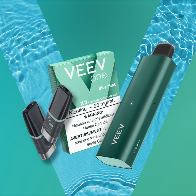 Pack of VEEV ONE Blue Mint pods and a VEEV NOW 5 mL disposable.