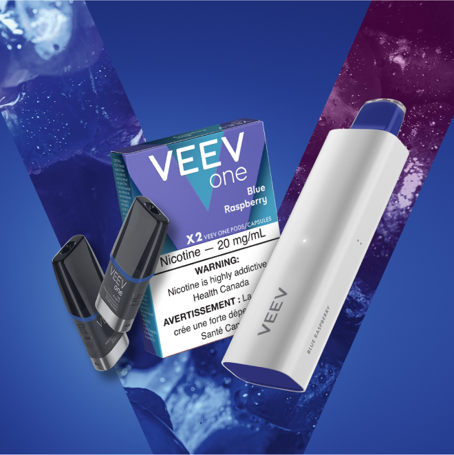 Pack of VEEV ONE Blue Raspberry pods and a VEEV NOW 5 mL disposable.