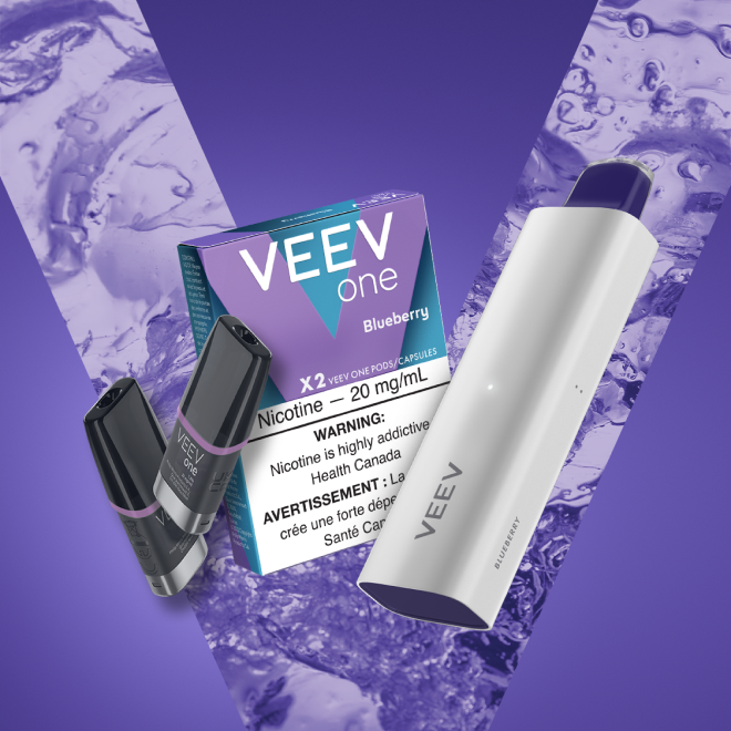 Pack of VEEV ONE Blueberry pods and a VEEV NOW 5 mL disposable.