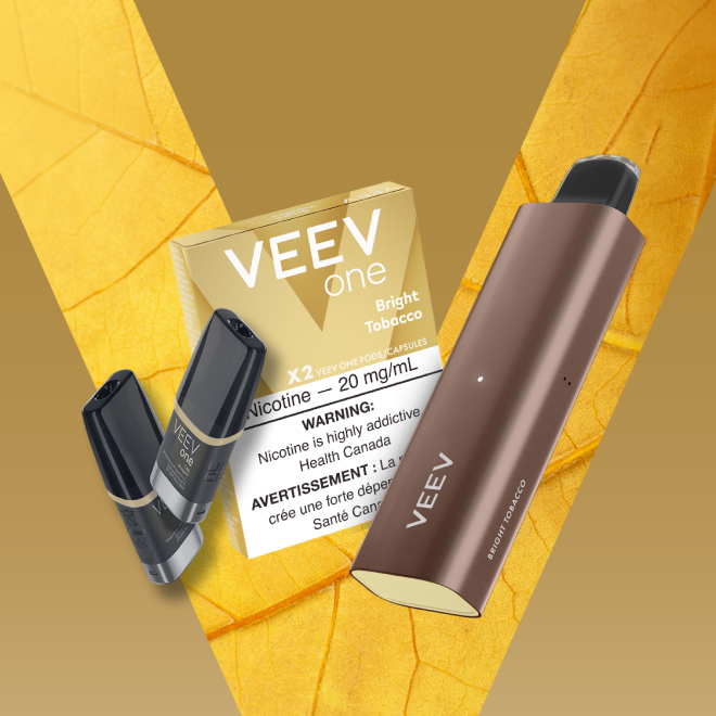 Pack of VEEV ONE Bright Tobacco pods and a VEEV NOW 5 mL disposable.