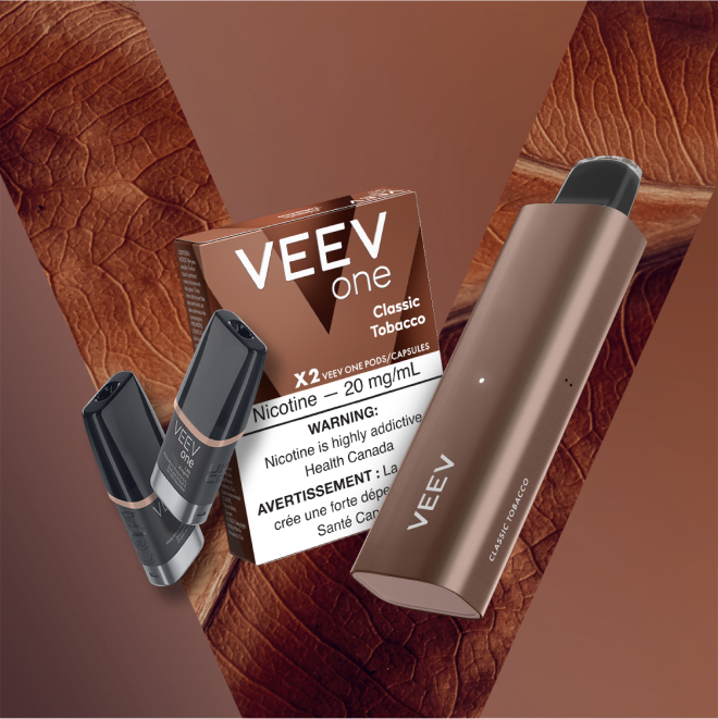 Pack of VEEV ONE Classic Tobacco pods and a VEEV NOW 5 mL disposable.