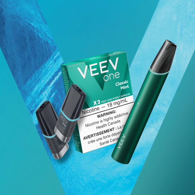 A Classic Mint VEEV NOW ULTRA 2 mL disposable and VEEV ONE pods.