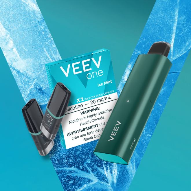 Pack of VEEV ONE Ice Mint pods and a VEEV NOW 5 mL disposable.