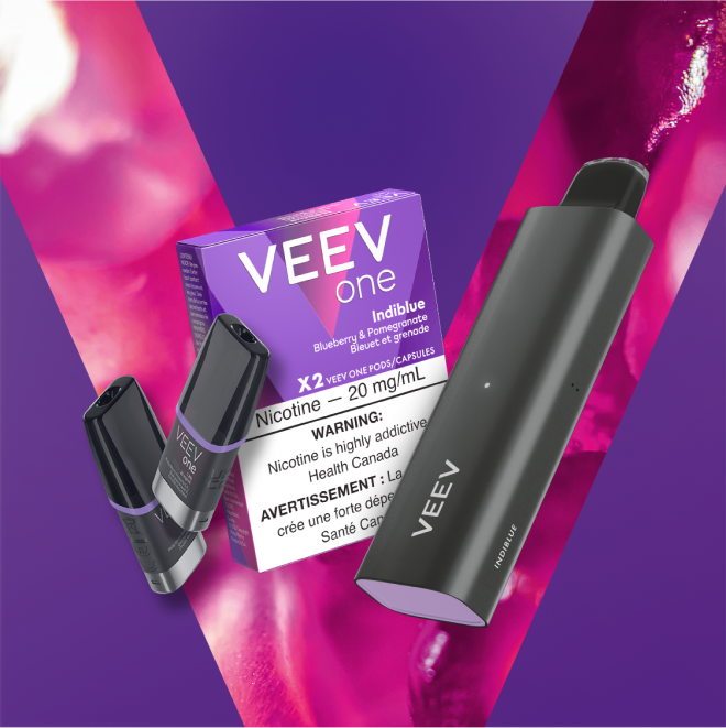 Pack of VEEV ONE Indiblue and a VEEV NOW 5 mL disposable.