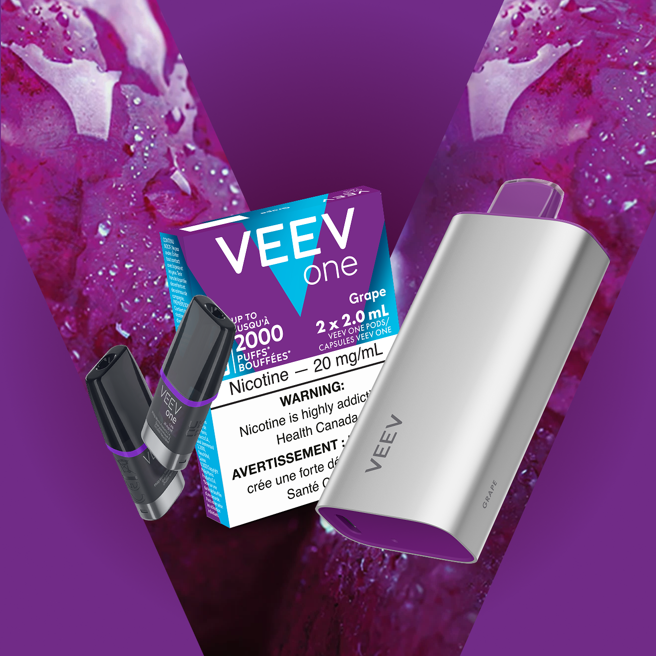 Pack of VEEV ONE Grape and a VEEV NOW 18 mL disposable.