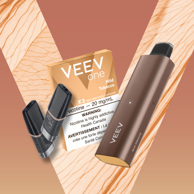 Pack of VEEV ONE Mild Tobacco pods and a VEEV NOW 5 mL disposable.