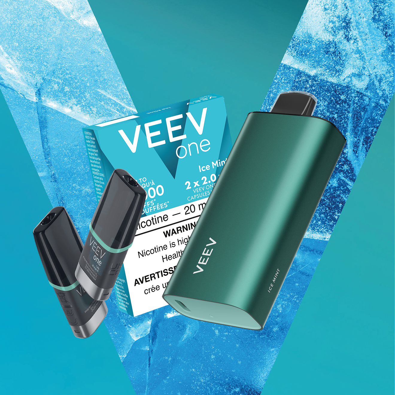 VEEV NOW ULTRA device and VEEV ONE pack of Ice Mint pods on turquoise V background