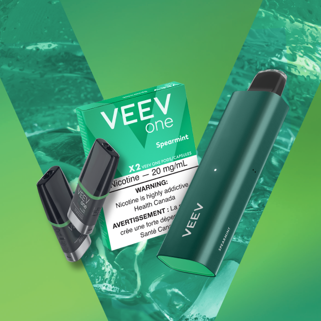 Pack of VEEV ONE Spearmint pods and a VEEV NOW 5 mL disposable.