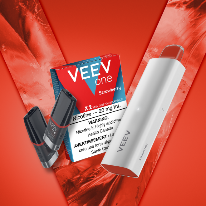 Pack of VEEV ONE Strawberry pods and a VEEV NOW 5 mL disposable.