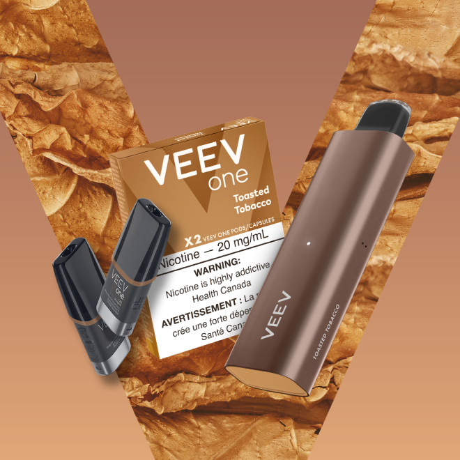 Pack of VEEV ONE Toasted Tobacco pods and a VEEV NOW 5 mL disposable.