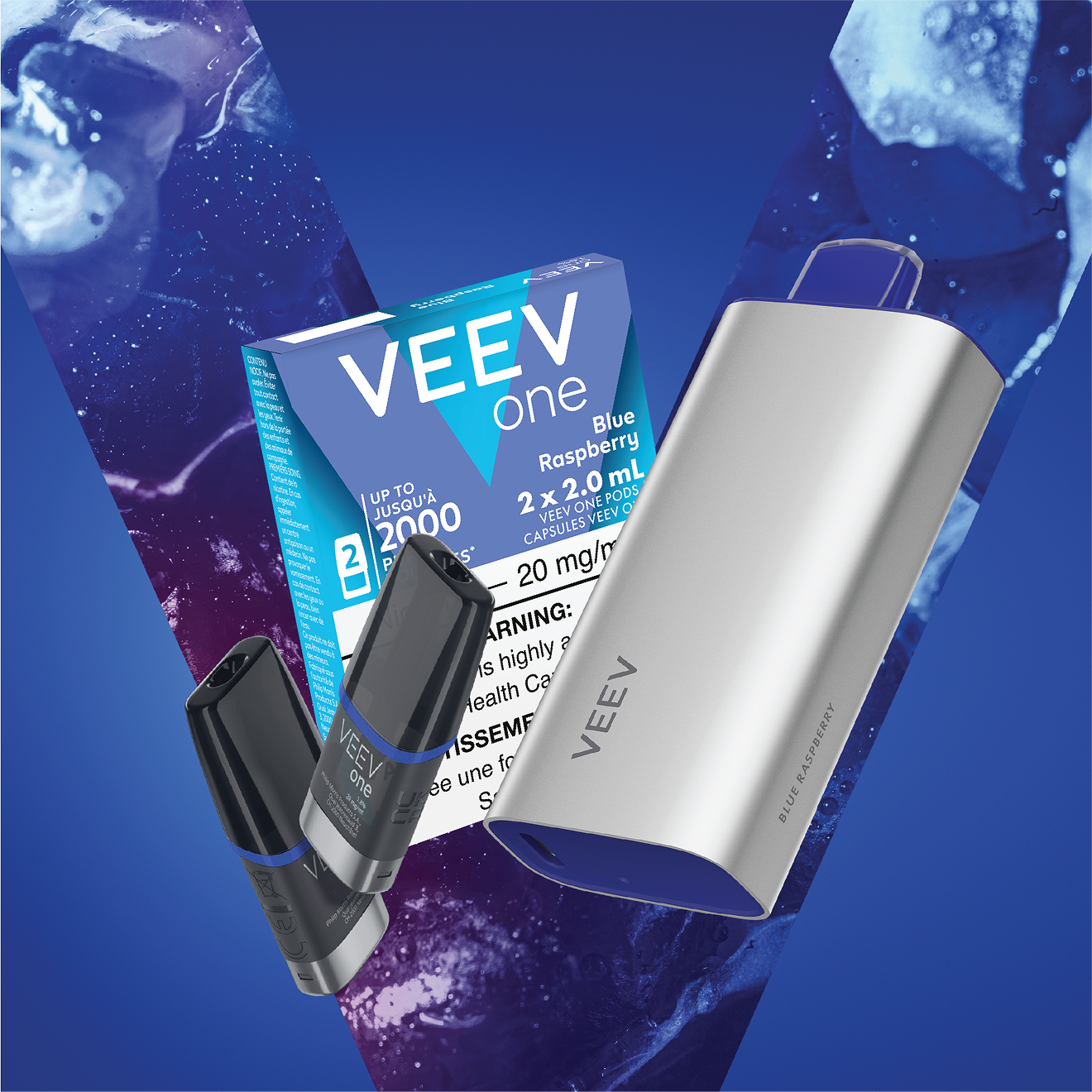 Pack of VEEV ONE Blue Raspberry pods and a VEEV NOW 18 mL disposable.