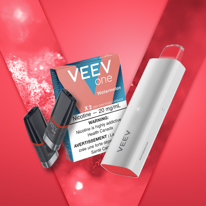 Pack of VEEV ONE watermelon pods and a VEEV NOW 5 mL disposable.