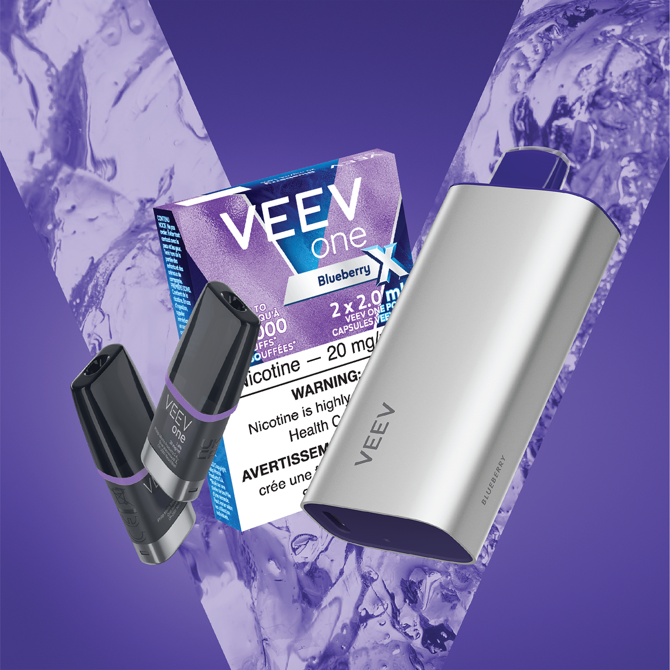 Pack of VEEV ONE Blueberry pods and a VEEV NOW 18 mL disposable.