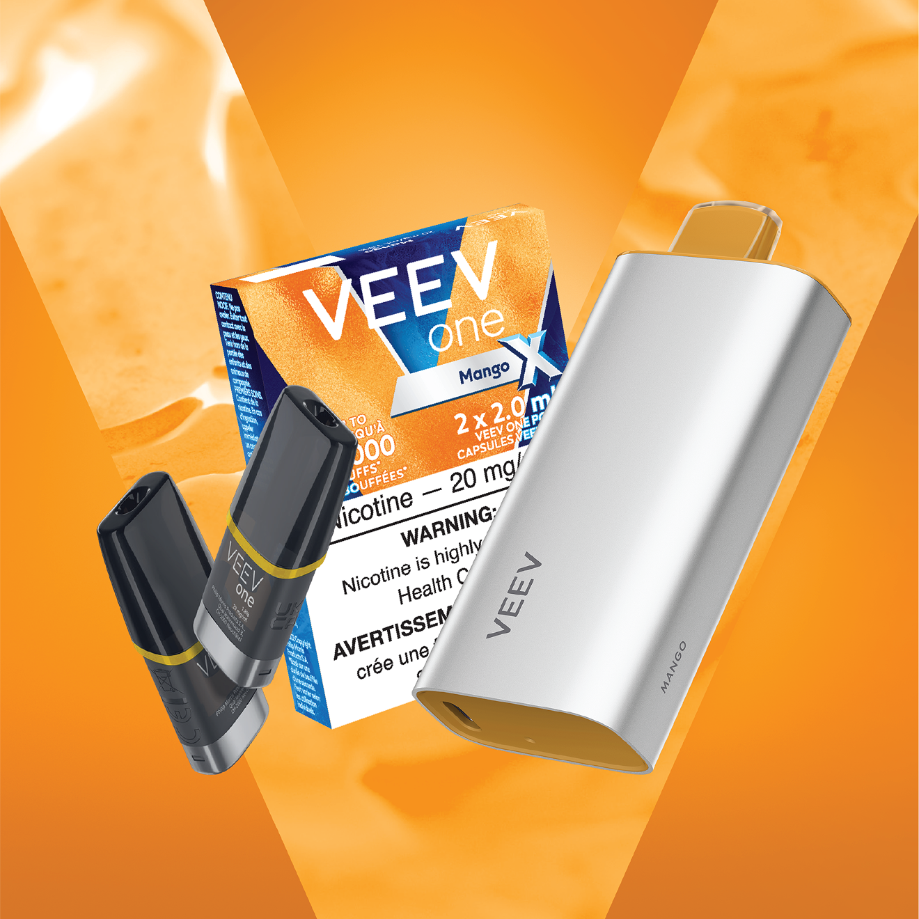 Pack of VEEV ONE Mango  pods and a VEEV NOW 5 mL disposable.