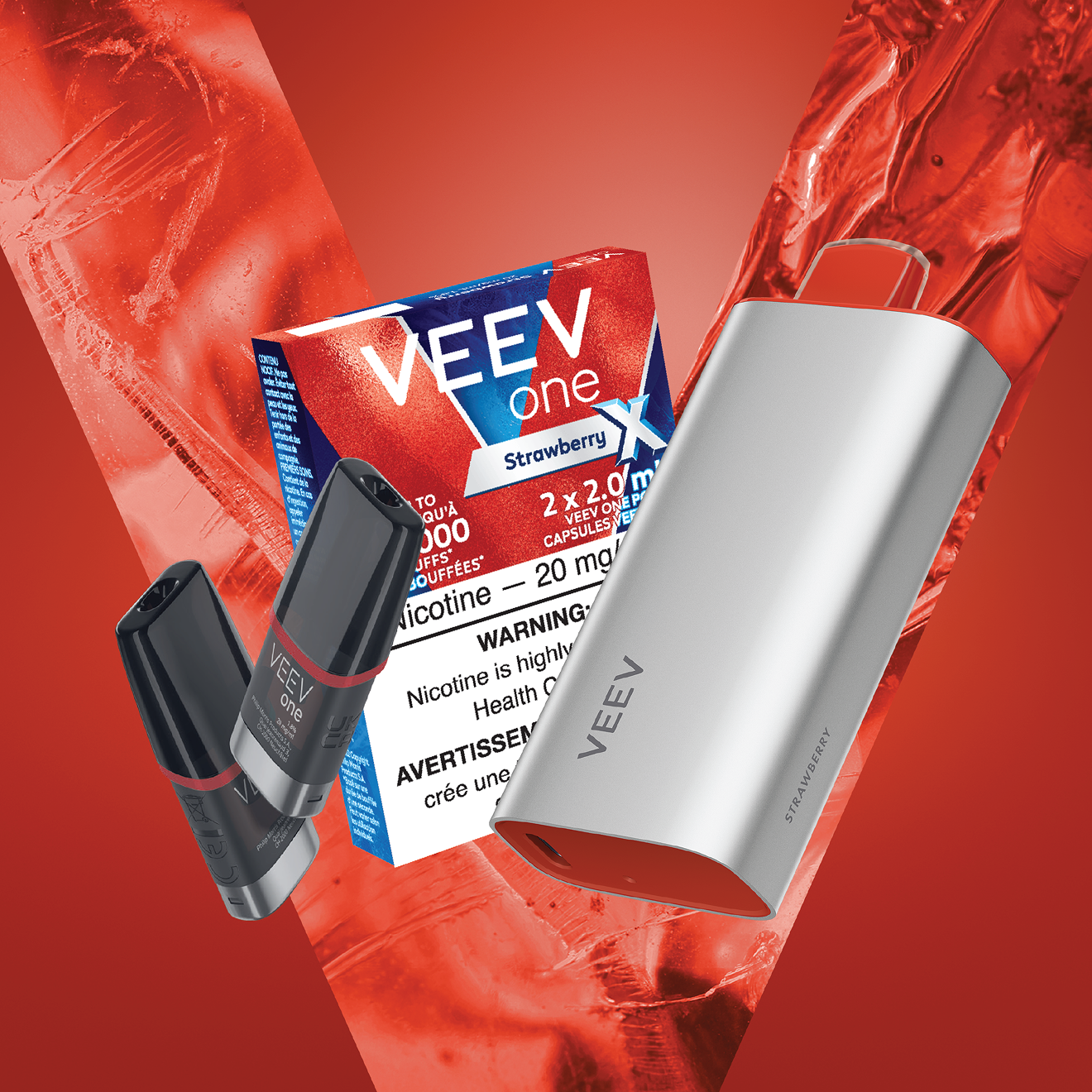 Pack of VEEV ONE Stawberry pods and a VEEV NOW 18 mL disposable.