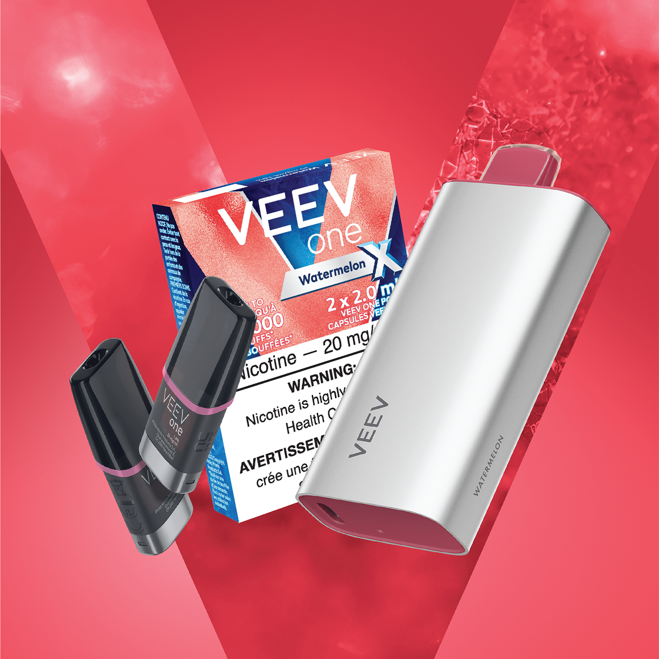 Pack of VEEV ONE watermelon pods and a VEEV NOW 18 mL disposable.