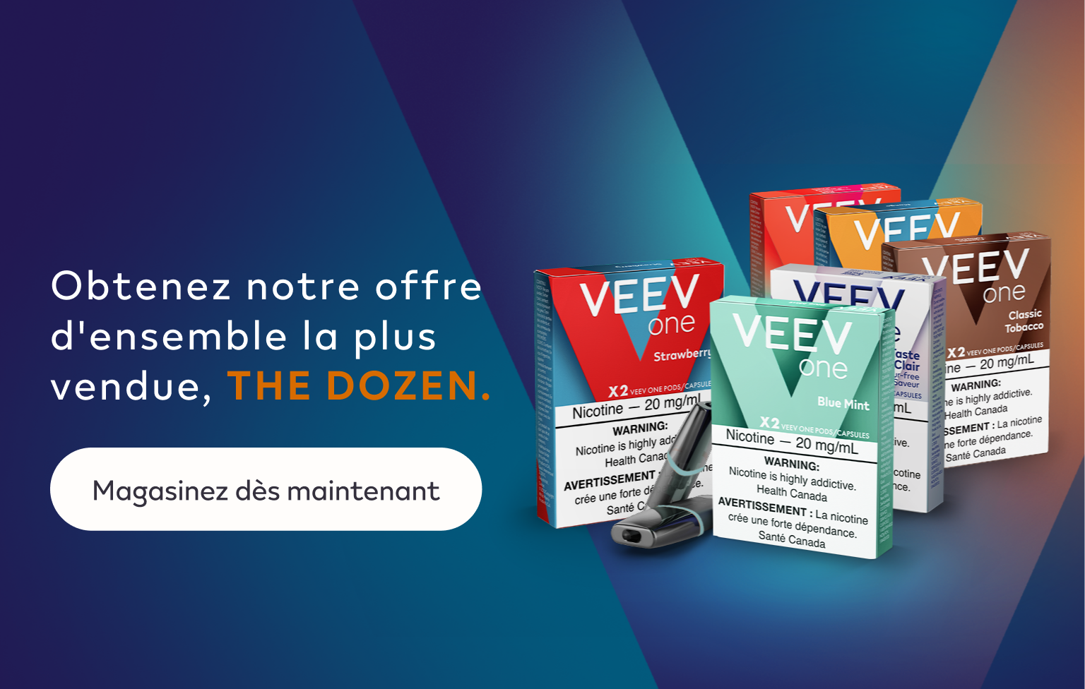 Paquets de capsules VEEV ONE sur fond bleu  