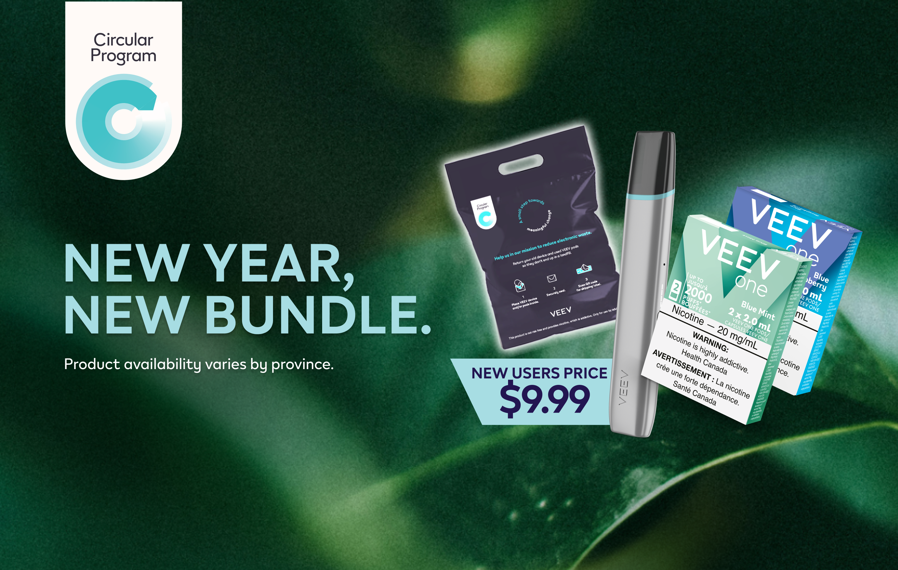 
1 device + 2 packs of pods & Circular Program bag on green leaf background.