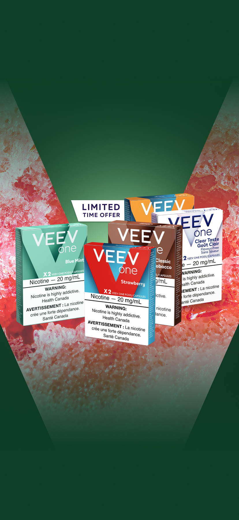 VEEV ONE pods on pink and green background